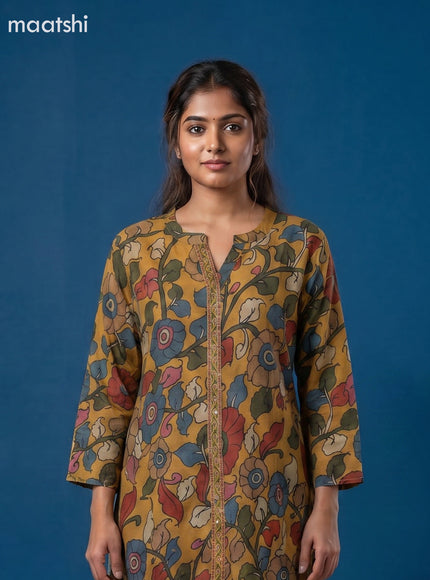 Mustard Yellow Muslin Kalamkari Printed Women Shirt