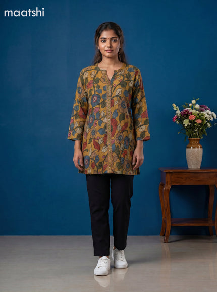 Mustard Yellow Muslin Kalamkari Printed Women Shirt