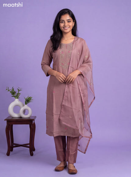 Pink Tissue Embroidery Work Straight Suit
