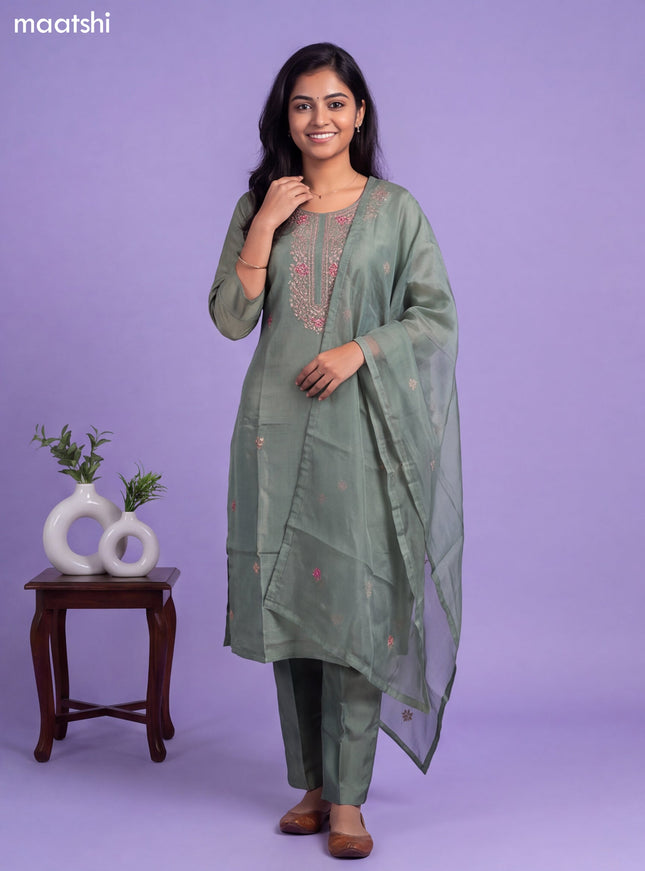 Green Tissue Embroidery Work Straight Suit