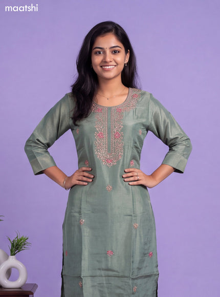 Green Tissue Embroidery Work Straight Suit