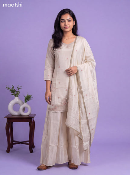 Cream Tissue Embroidery Work Straight Suit