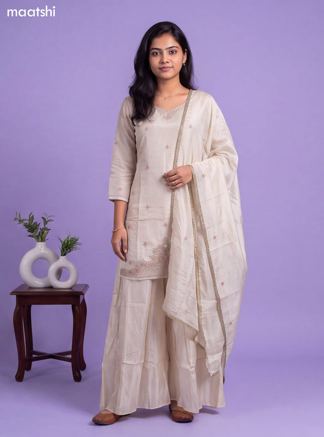 Cream Tissue Embroidery Work Straight Suit