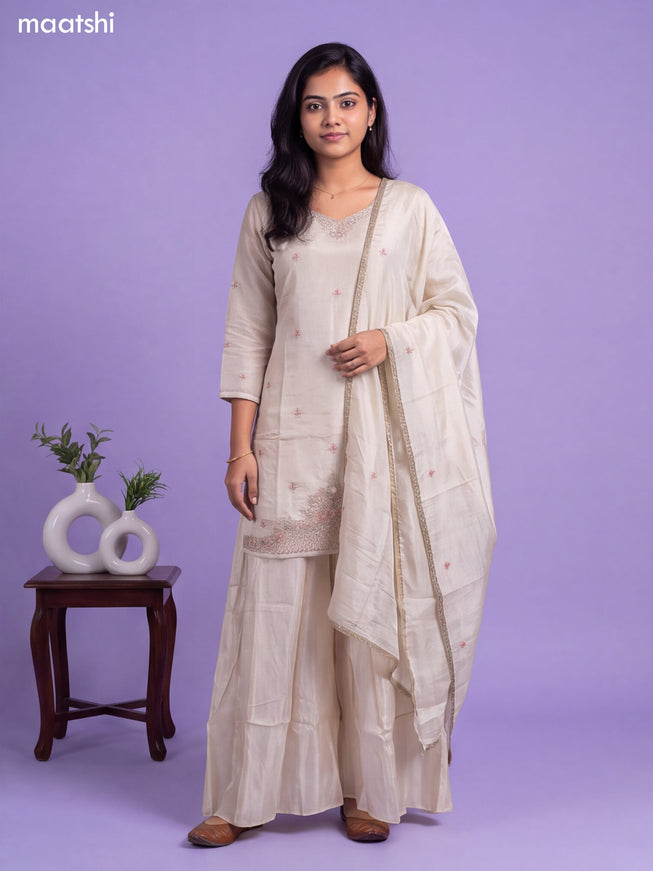 Cream Tissue Embroidery Work Straight Suit