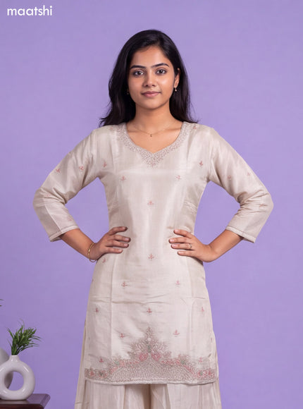 Cream Tissue Embroidery Work Straight Suit