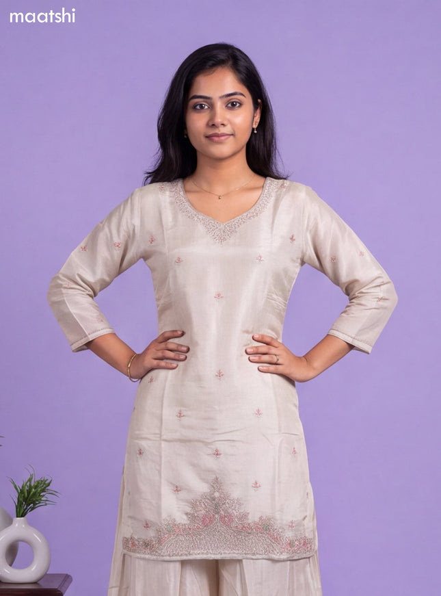 Cream Tissue Embroidery Work Straight Suit
