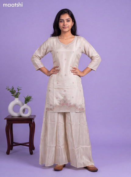 Cream Tissue Embroidery Work Straight Suit