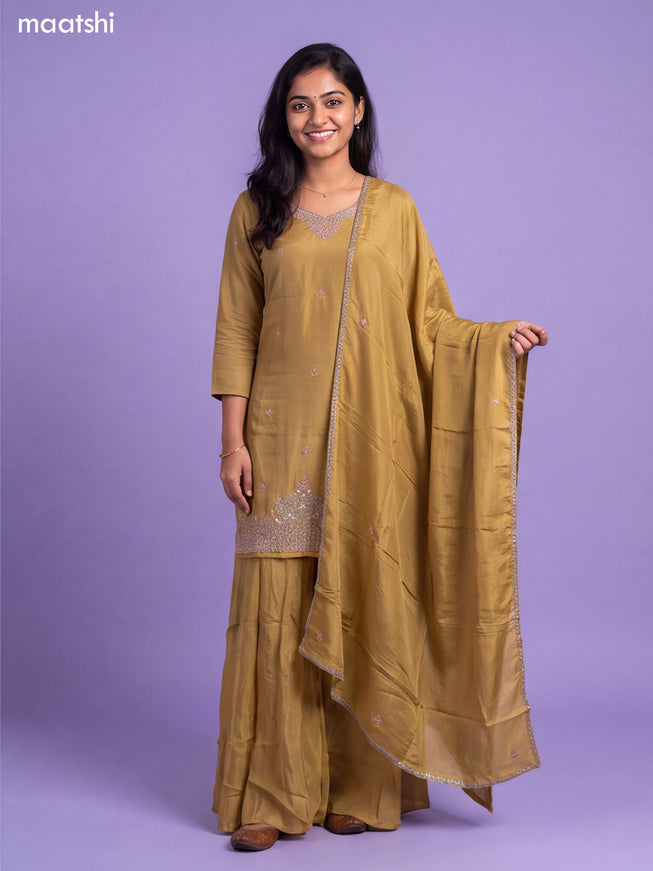 Mustard Yellow Tissue Embroidery Work Straight Suit