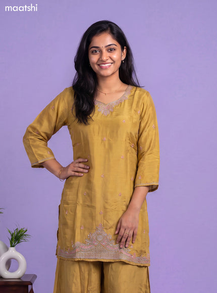 Mustard Yellow Tissue Embroidery Work Straight Suit