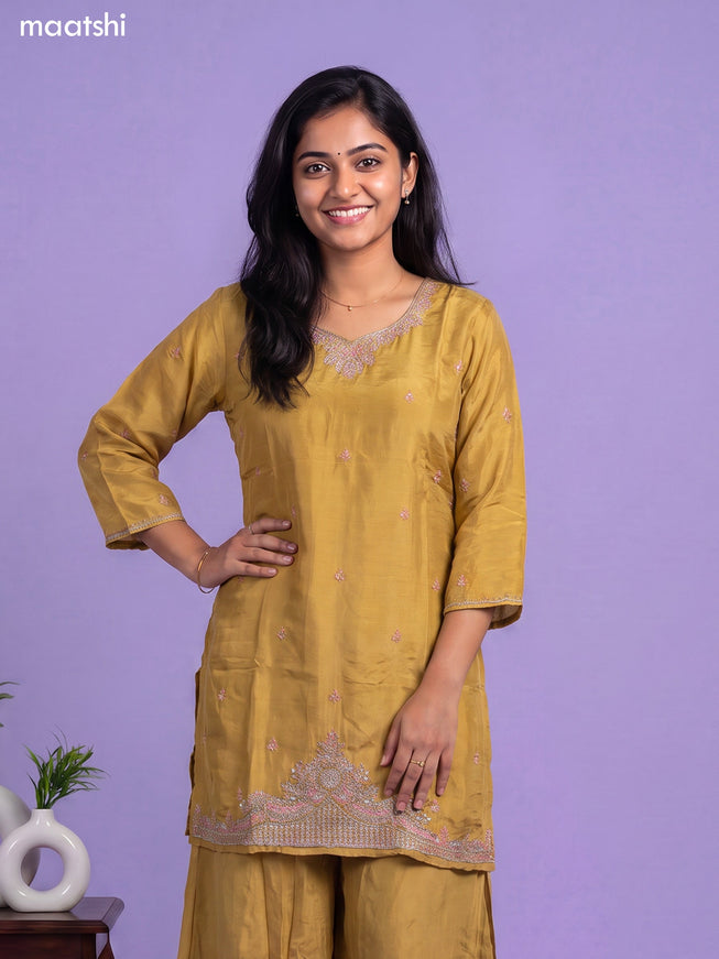 Mustard Yellow Tissue Embroidery Work Straight Suit