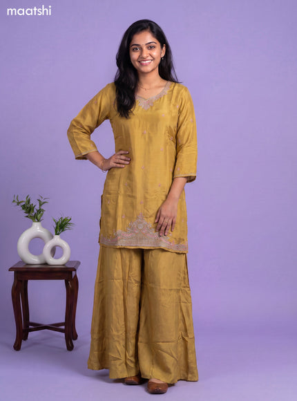 Mustard Yellow Tissue Embroidery Work Straight Suit