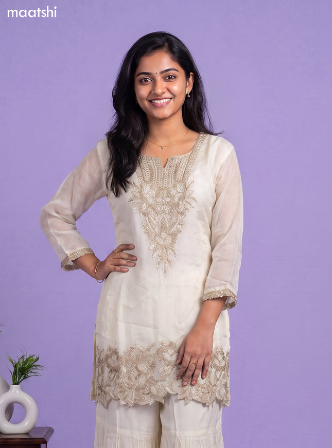 Off White Art Silk Embroidery Work Straight Suit