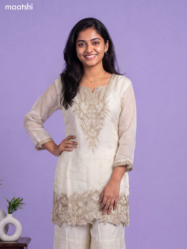 Off White Art Silk Embroidery Work Straight Suit