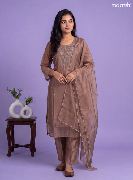 Pastel Brown Tissue Embroidery Work Straight Suit
