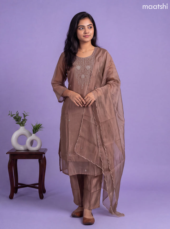 Pastel Brown Tissue Embroidery Work Straight Suit