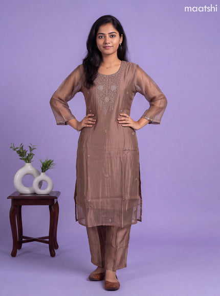 Pastel Brown Tissue Embroidery Work Straight Suit