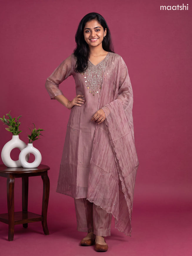 Pastel Pink Tissue Embroidery Work A-line Suit