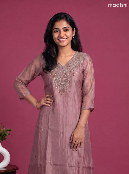 Pastel Pink Tissue Embroidery Work A-line Suit