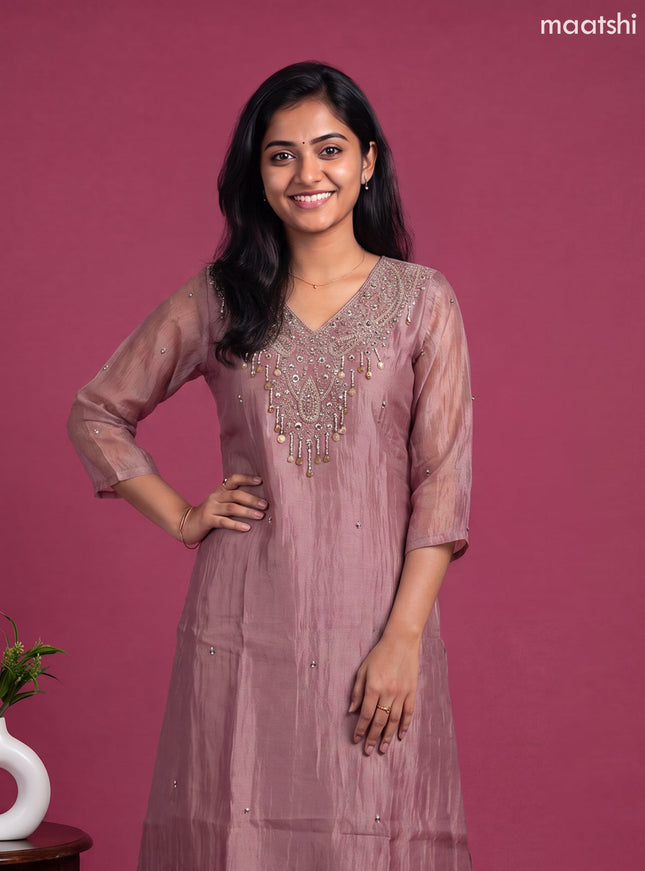 Pastel Pink Tissue Embroidery Work A-line Suit