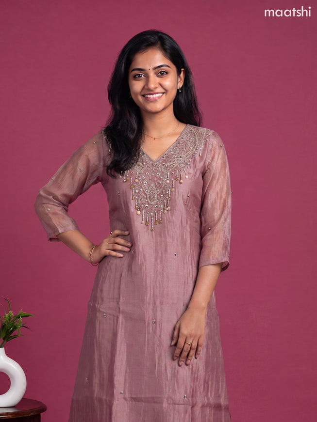 Pastel Pink Tissue Embroidery Work A-line Suit