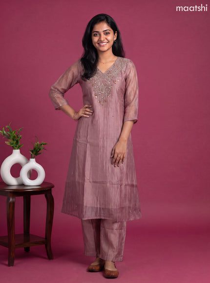 Pastel Pink Tissue Embroidery Work A-line Suit