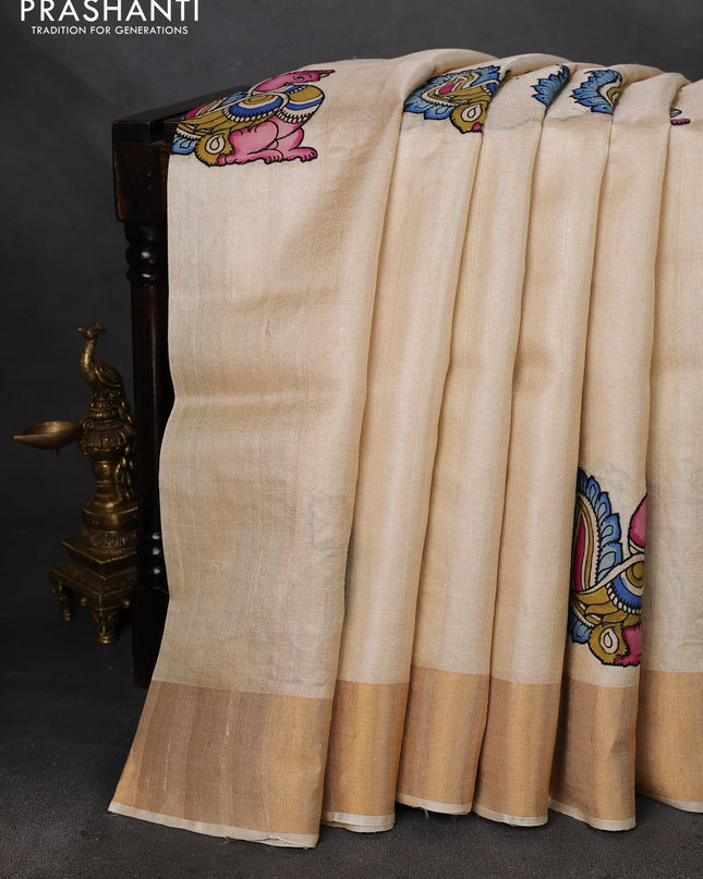 Pure tussar silk saree cream with kalamkari applique work