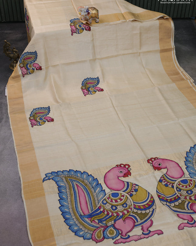Pure tussar silk saree cream with kalamkari applique work