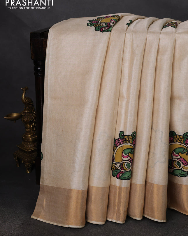 Pure tussar silk saree cream with kalamkari applique work