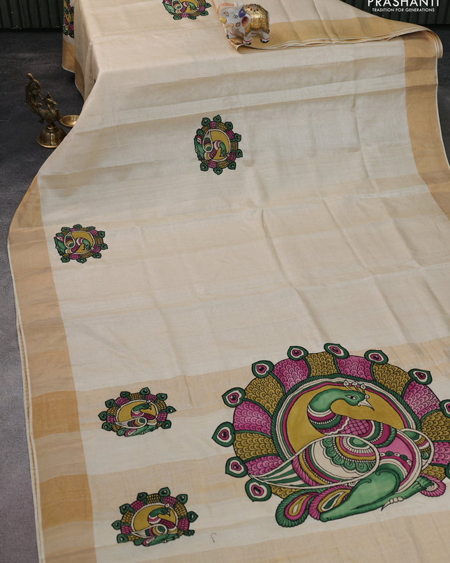 Pure tussar silk saree cream with kalamkari applique work