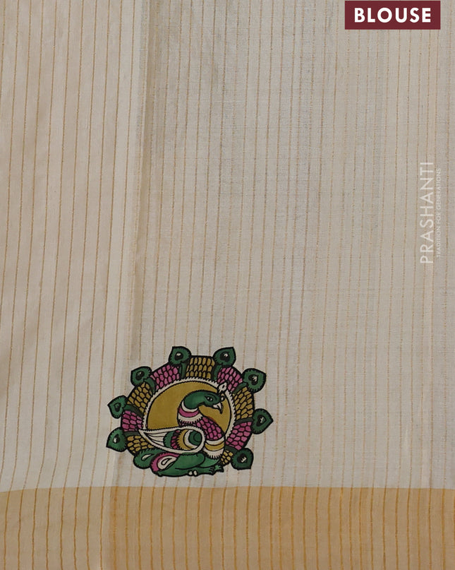 Pure tussar silk saree cream with kalamkari applique work