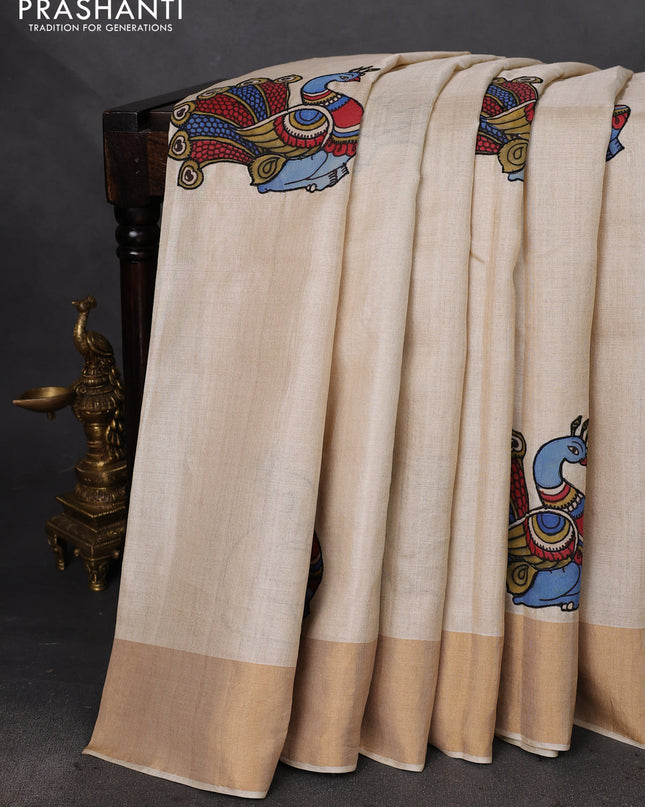 Pure tussar silk saree cream with kalamkari applique work