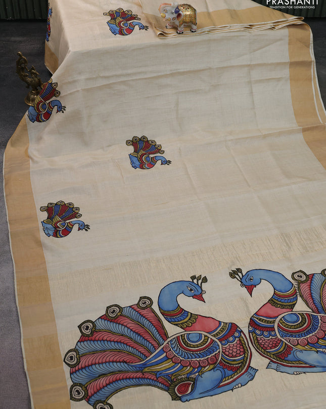 Pure tussar silk saree cream with kalamkari applique work