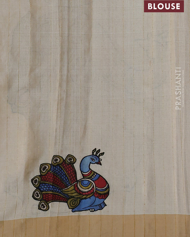 Pure tussar silk saree cream with kalamkari applique work