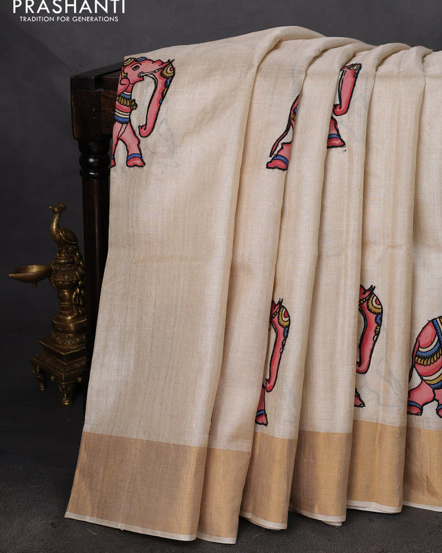 Pure tussar silk saree cream with kalamkari applique work