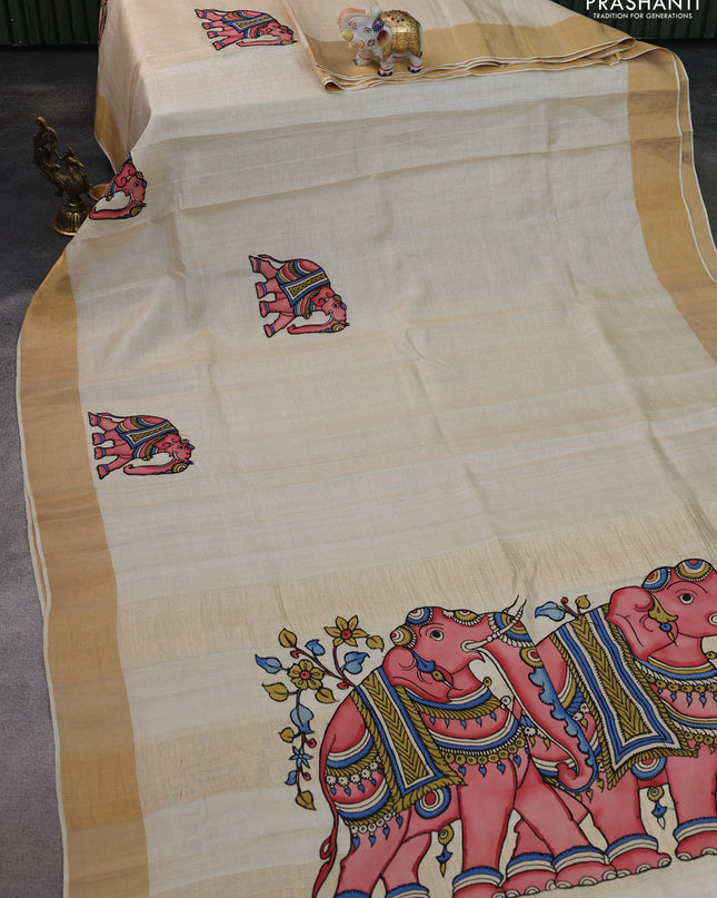 Pure tussar silk saree cream with kalamkari applique work