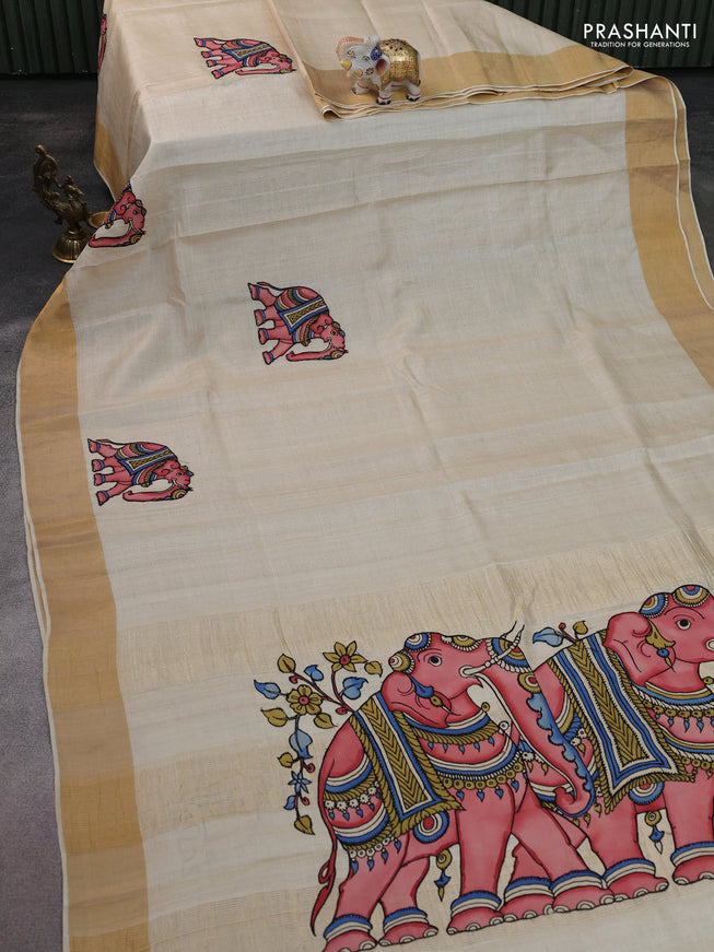 Pure tussar silk saree cream with kalamkari applique work