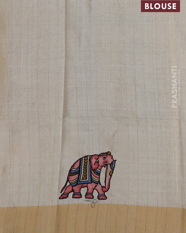 Pure tussar silk saree cream with kalamkari applique work