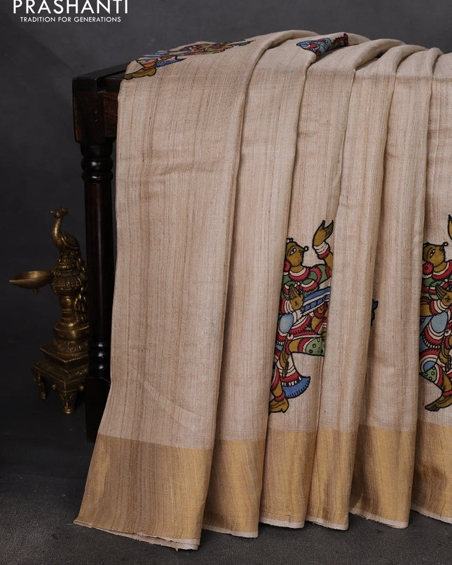 Pure tussar silk saree beige with kalamkari applique work