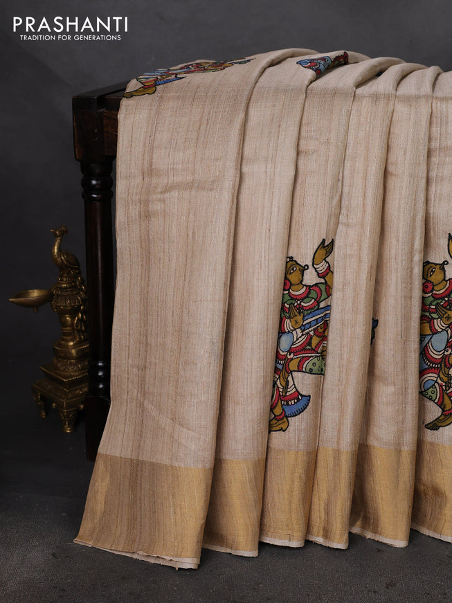 Pure tussar silk saree beige with kalamkari applique work