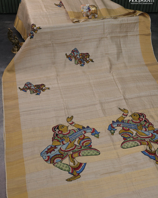 Pure tussar silk saree beige with kalamkari applique work