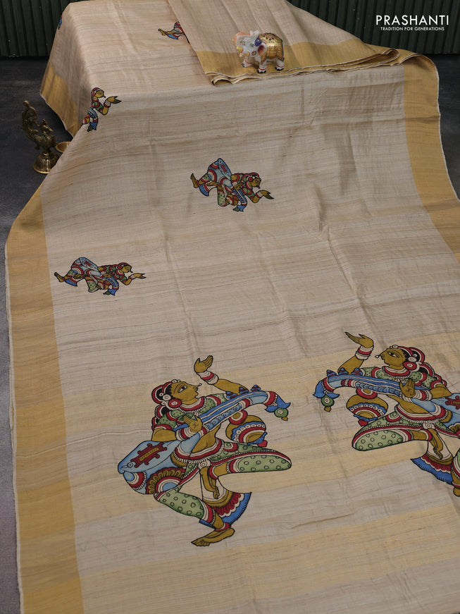 Pure tussar silk saree beige with kalamkari applique work