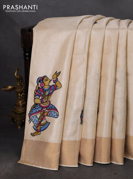 Pure tussar silk saree cream with kalamkari applique work