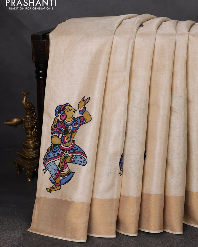 Pure tussar silk saree cream with kalamkari applique work