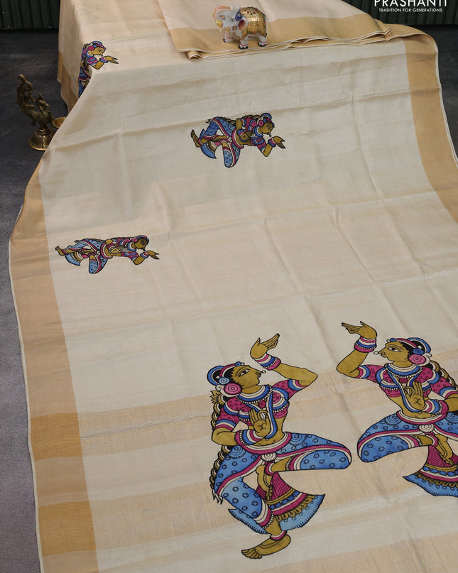 Pure tussar silk saree cream with kalamkari applique work