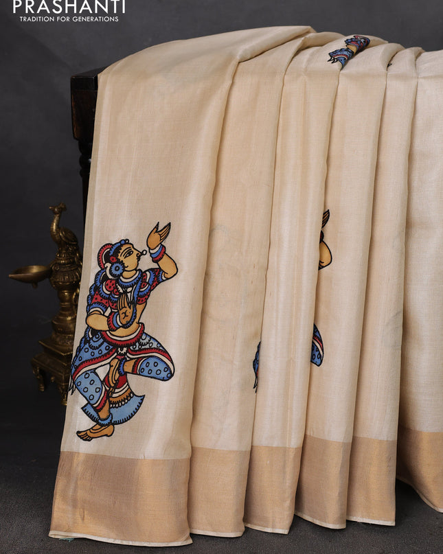 Pure tussar silk saree cream with kalamkari applique work