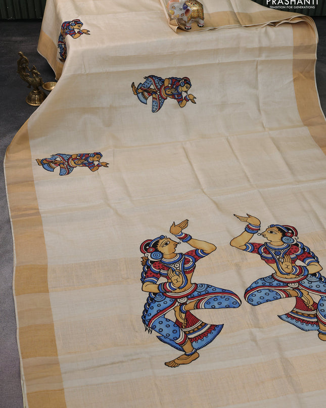 Pure tussar silk saree cream with kalamkari applique work