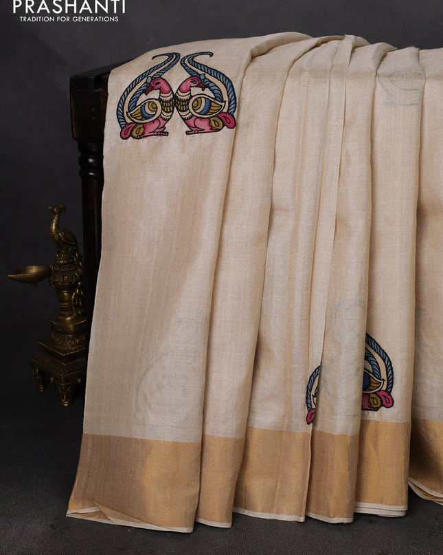Pure tussar silk saree cream with kalamkari applique work