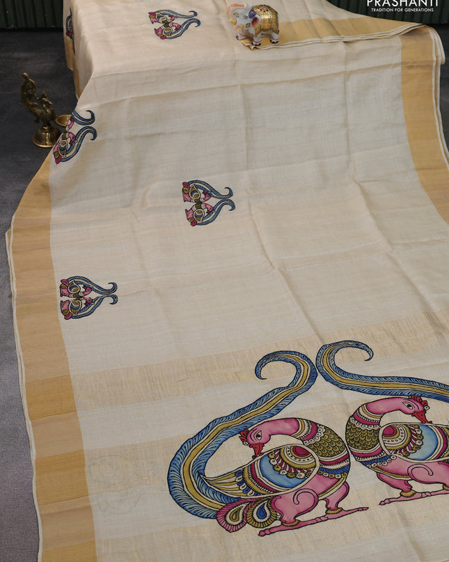 Pure tussar silk saree cream with kalamkari applique work