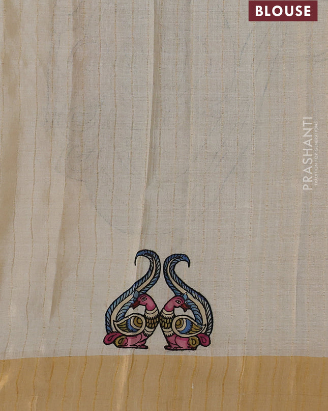 Pure tussar silk saree cream with kalamkari applique work