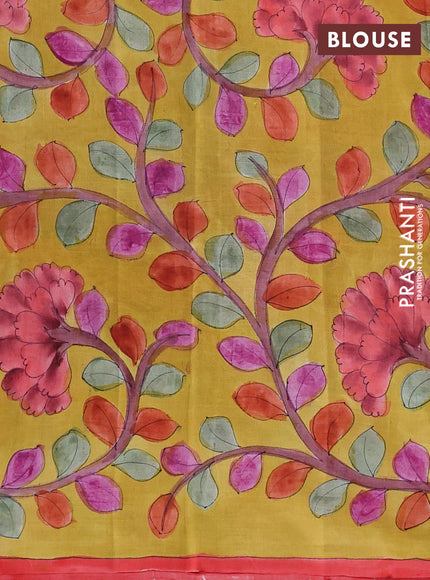 Printed silk saree red and yellow with shibori prints and kalamkari hand painted pallu & blouse
